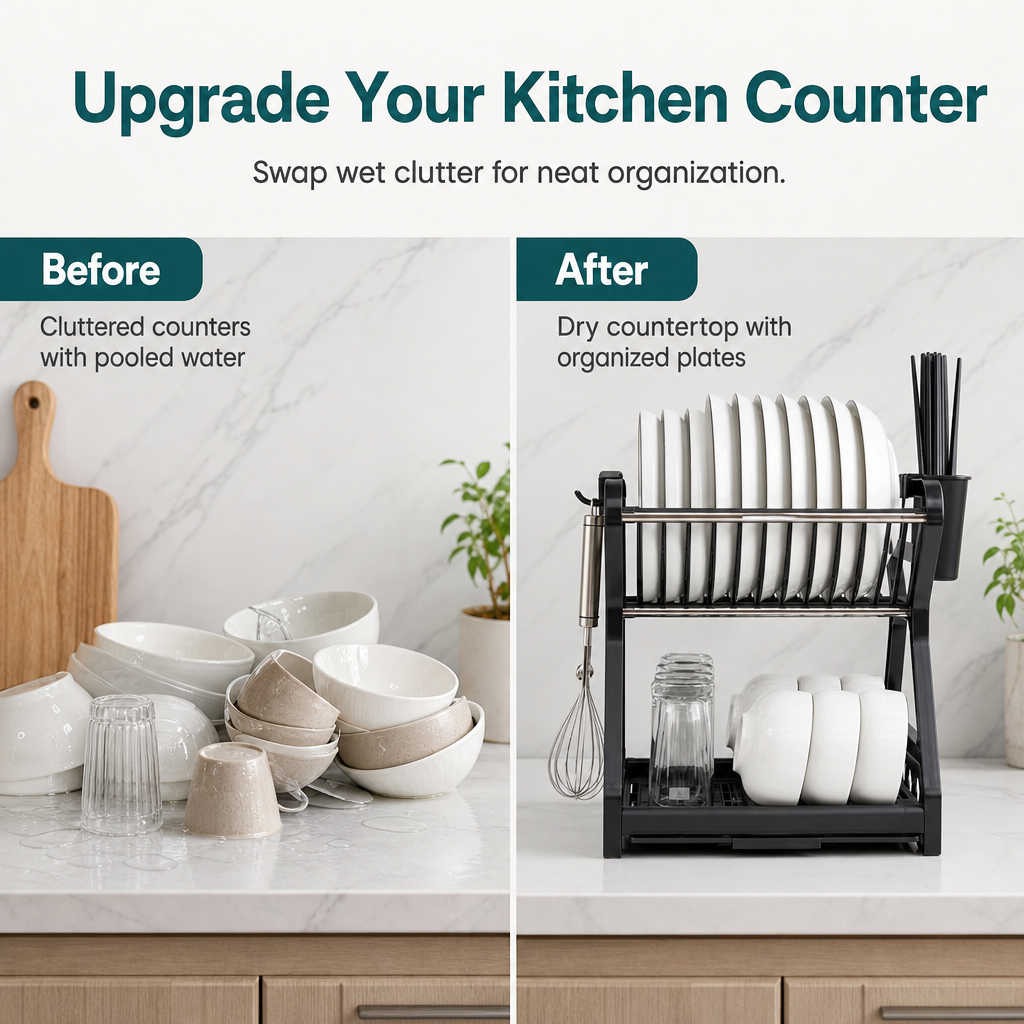 🍽️ 2026 BESTSELLER 🥳 Multi-Layer Steel Dish Drying Rack – Vertical Storage, Drip Tray, Tool-Free Install ✨