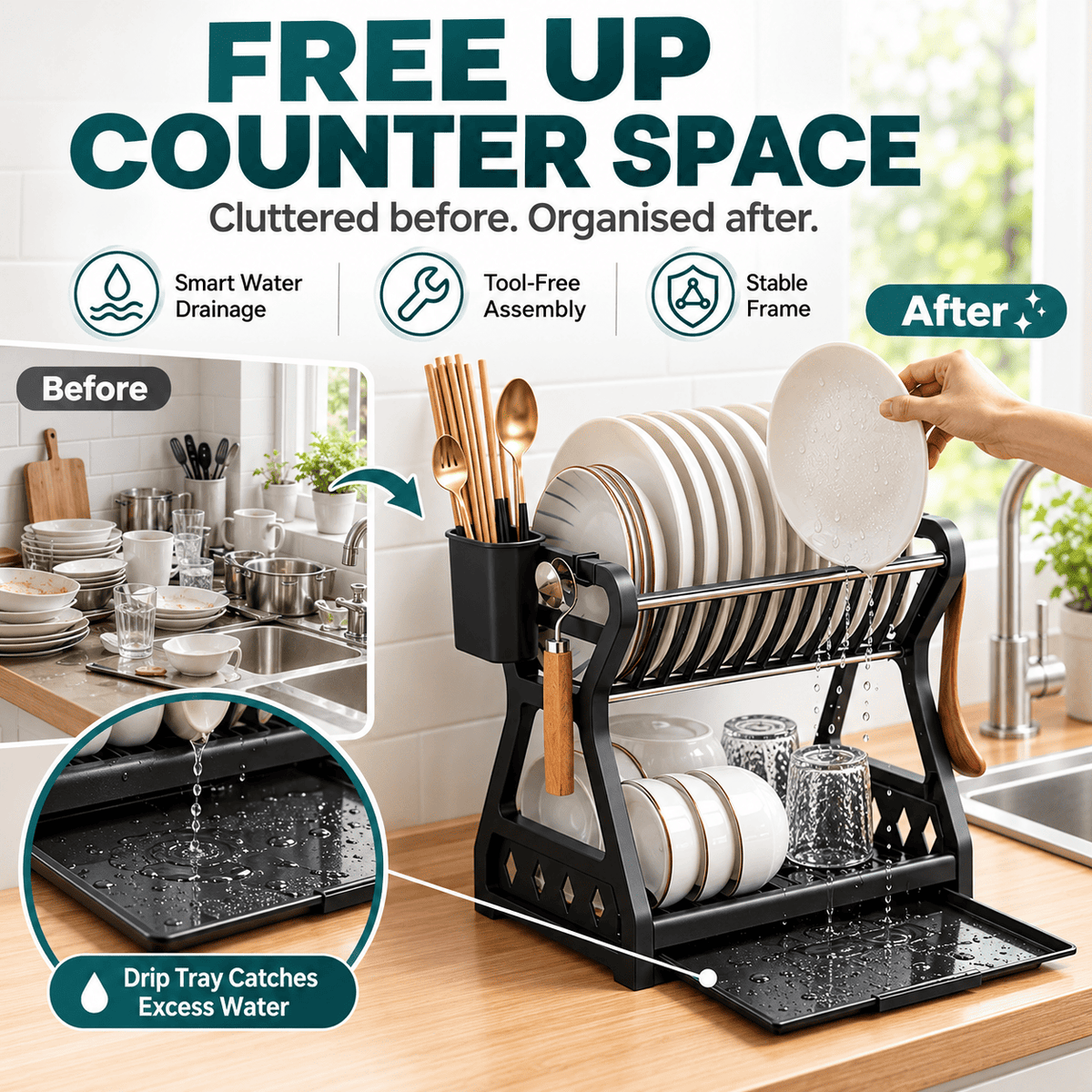 🍽️ 2026 BESTSELLER 🥳 Multi-Layer Steel Dish Drying Rack – Vertical Storage, Drip Tray, Tool-Free Install ✨