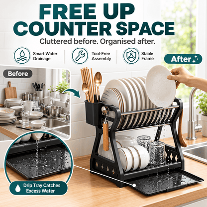🍽️ 2026 BESTSELLER 🥳 Multi-Layer Steel Dish Drying Rack – Vertical Storage, Drip Tray, Tool-Free Install ✨