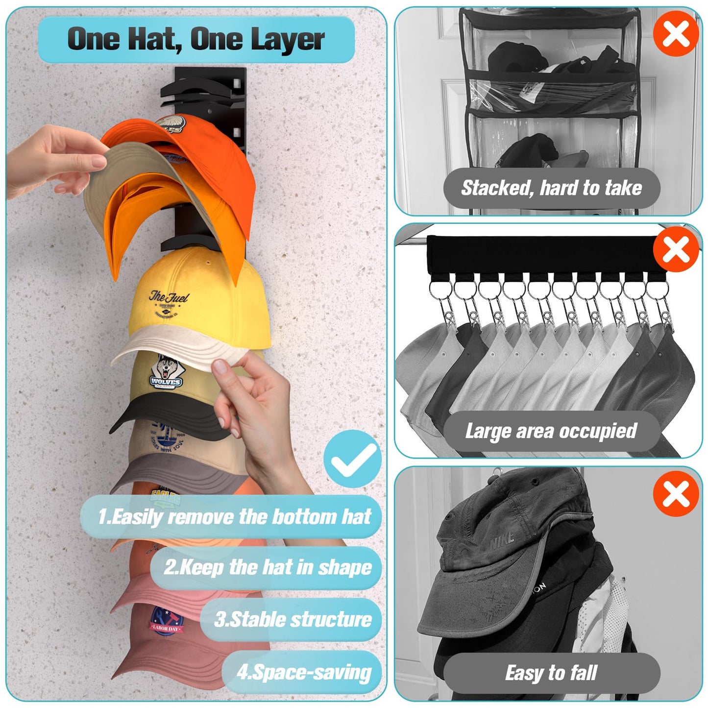 🧢 2-Pack Hat Organizer – Multilayer Wall & Door Storage Holder with Dual Mounting Options🏠